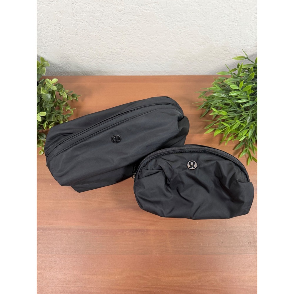 Lululemon Unisex Double Zip Pouch Black Nylon Travel Cosmetic Bag Set